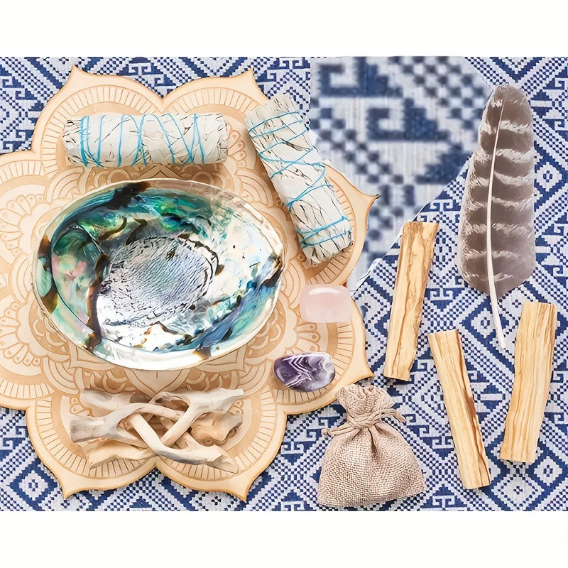 Sage Smudge Cleansing Kit Complete Set – White Sage, Palo Santo Sticks, Abalone Shell with Stand, Crystal Stones & Feather for Home Purification, Spiritual Decor & Holiday Gift