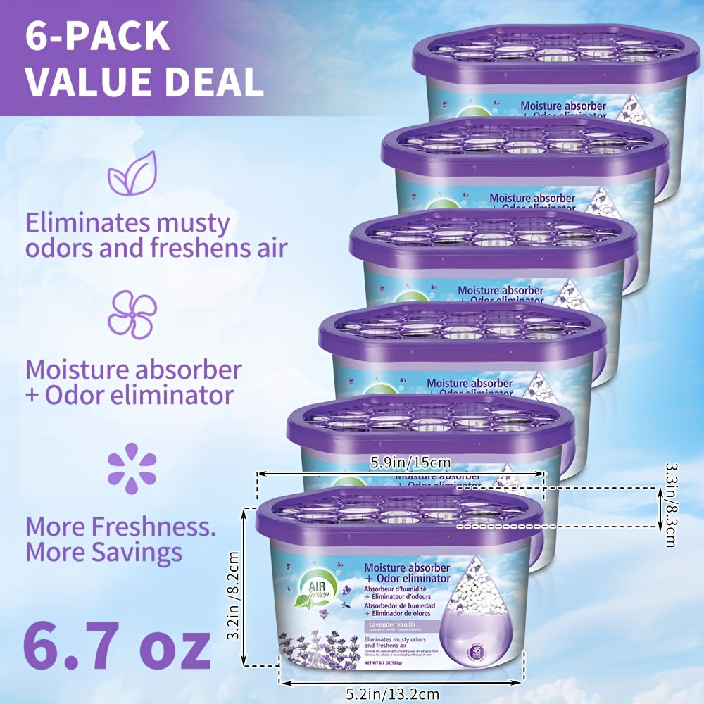 Dehumidifier Boxes 6-Pack Scented Moisture Absorber & Odor Eliminator – No Electricity, Compact PVC, 4 Scents for Closet, Bathroom, Bedroom, RV & Boat (Lavender, Fresh Linen, Jasmine, Bamboo Charcoal)