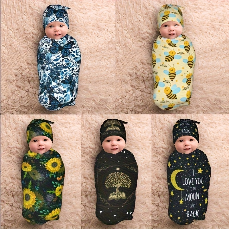 Baby Swaddle Blanket Stretchy Wrap for Newborns & Infants – Soft Receiving Blanket in 5 Nature-Inspired Patterns, Butterfly, Sunflower, Bee, Life Tree & Moon Star