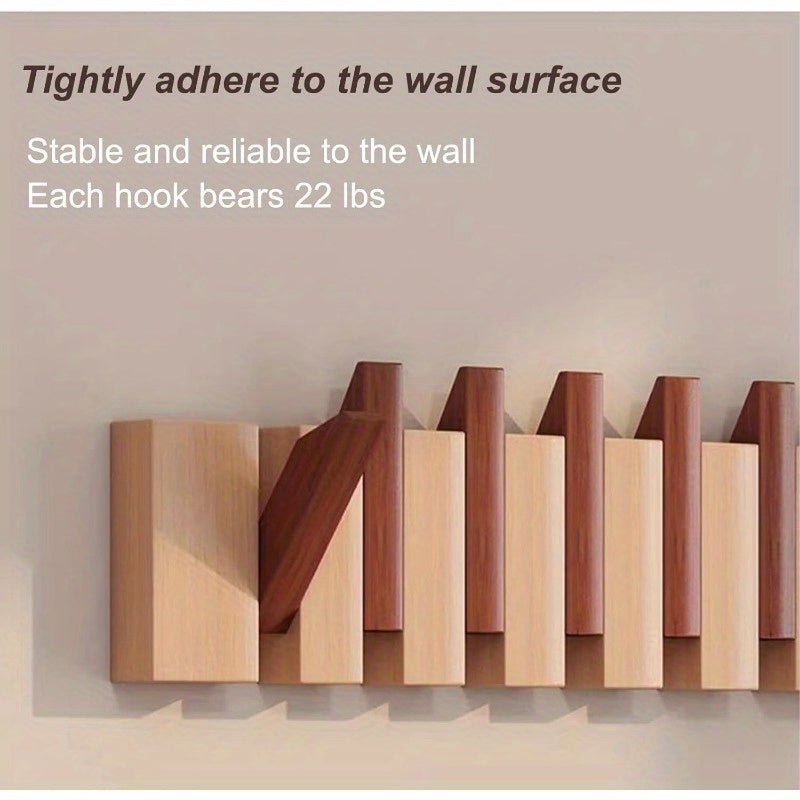 Wall-Mounted Coat Rack Natural Wood – Accordion Hook Rack for Entryway, 4/6/8/10 Hooks, Walnut & Beech Finish, Space-Saving Coat Hanger for Bedroom, Bathroom, Hallway