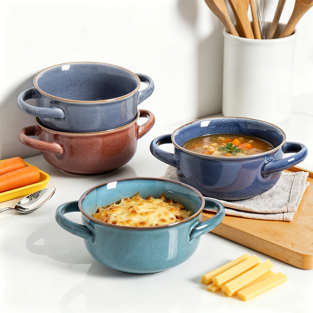 Colorful Ceramic Double-Handled Bowl Set Dopamine Style 28oz Extra-Large – Microwave & Dishwasher Safe for Soup, Salad, Pasta & Ramen – 2 or 4 Piece, Assorted Colors