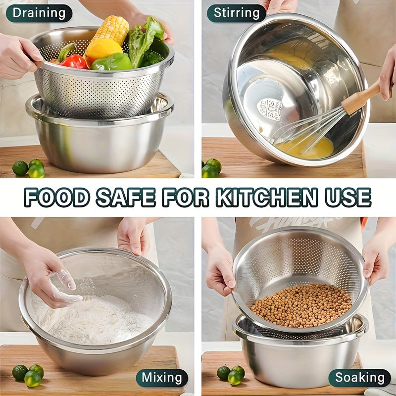 Stainless Steel Colander & Mixing Bowl Set – 304 Food-Grade Stackable Strainer Bowl for Washing Vegetables, Fruit & Rice, Dishwasher Safe Kitchen Colander, 7.09" or 11.02" Bowl + Sieve