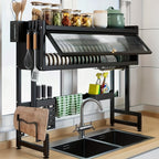 Over The Sink Dish Drying Rack with Dustproof Cover, 3-Tier Large Capacity Organizer for Dishes, Glasses, Bowls & Cutlery – Space-Saving Black Kitchen Storage Rack