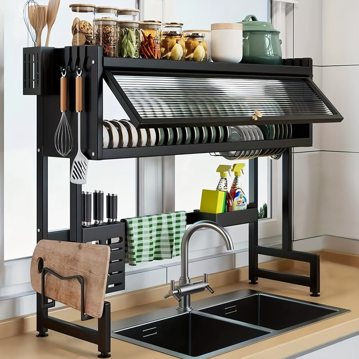 Over The Sink Dish Drying Rack with Dustproof Cover, 3-Tier Large Capacity Organizer for Dishes, Glasses, Bowls & Cutlery – Space-Saving Black Kitchen Storage Rack