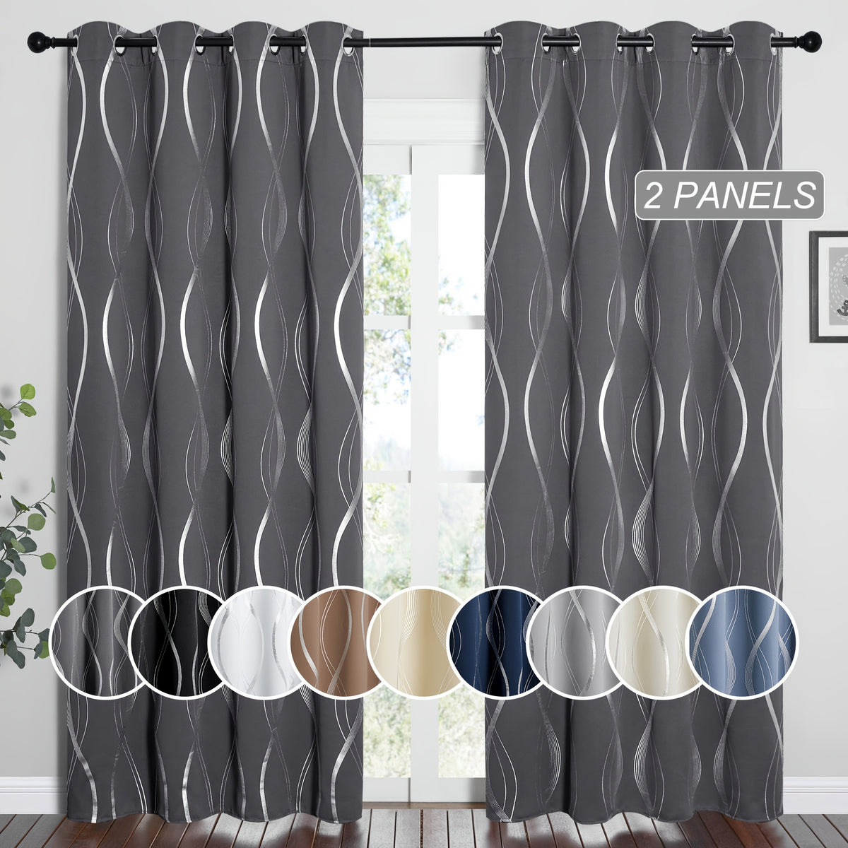 Blackout Curtains 2 Panels Set Grommet Top Thermal Insulated – Noise Reducing Wave Foil Print Drapes Bedroom Living Room Patio Sliding Door