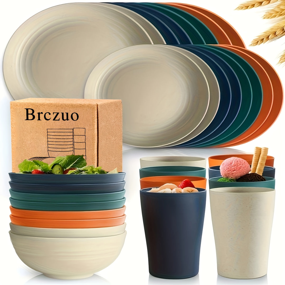 32-Piece Wheat Straw Dinnerware Set for 8 – Unbreakable Plastic Plates, Dessert Plates, Bowls & Cups for Outdoor Camping, Halloween & Weddings – Colorful, BPA-Free Tableware