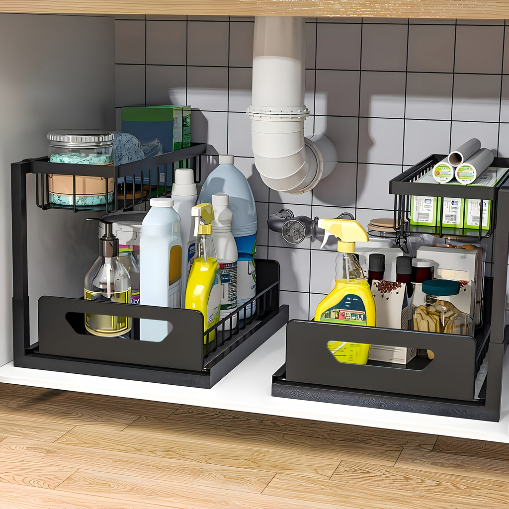 Under Sink Organizer 2-Pack 2-Tier Slide-Out Pull-Out Cabinet Shelf - Heavy Duty Carbon Steel with Adjustable Compartments for Kitchen, Bathroom, Pantry & Closet Organization