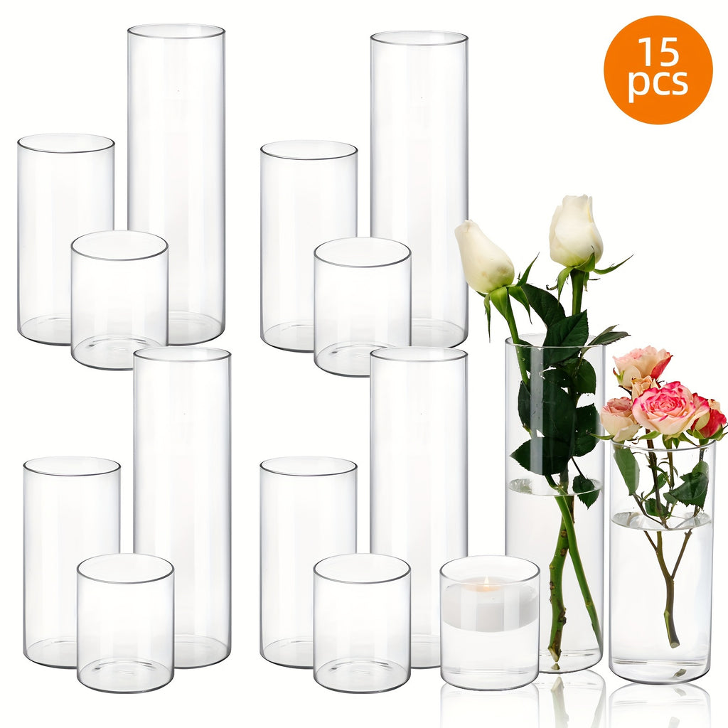 Glass Cylinder Vases Bulk Set 15/18/24/48pcs - 3 Sizes (4"/8"/12") Clear Candle Holders, Tall Flower Vases for Wedding Centerpieces, Party & Halloween Decorations, Home Decor