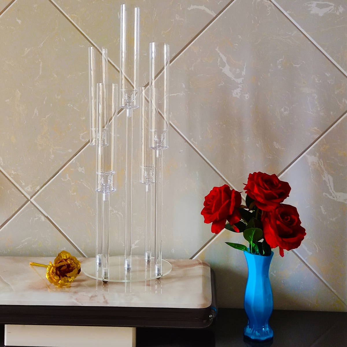 Acrylic Candelabra Centerpiece Set of 2 – Clear 5-Arm Candle Holder with Shades, 3-Height Design for Wedding, Christmas, Thanksgiving, Birthday & Party Table Decor – Fits 0.87" LED Candles