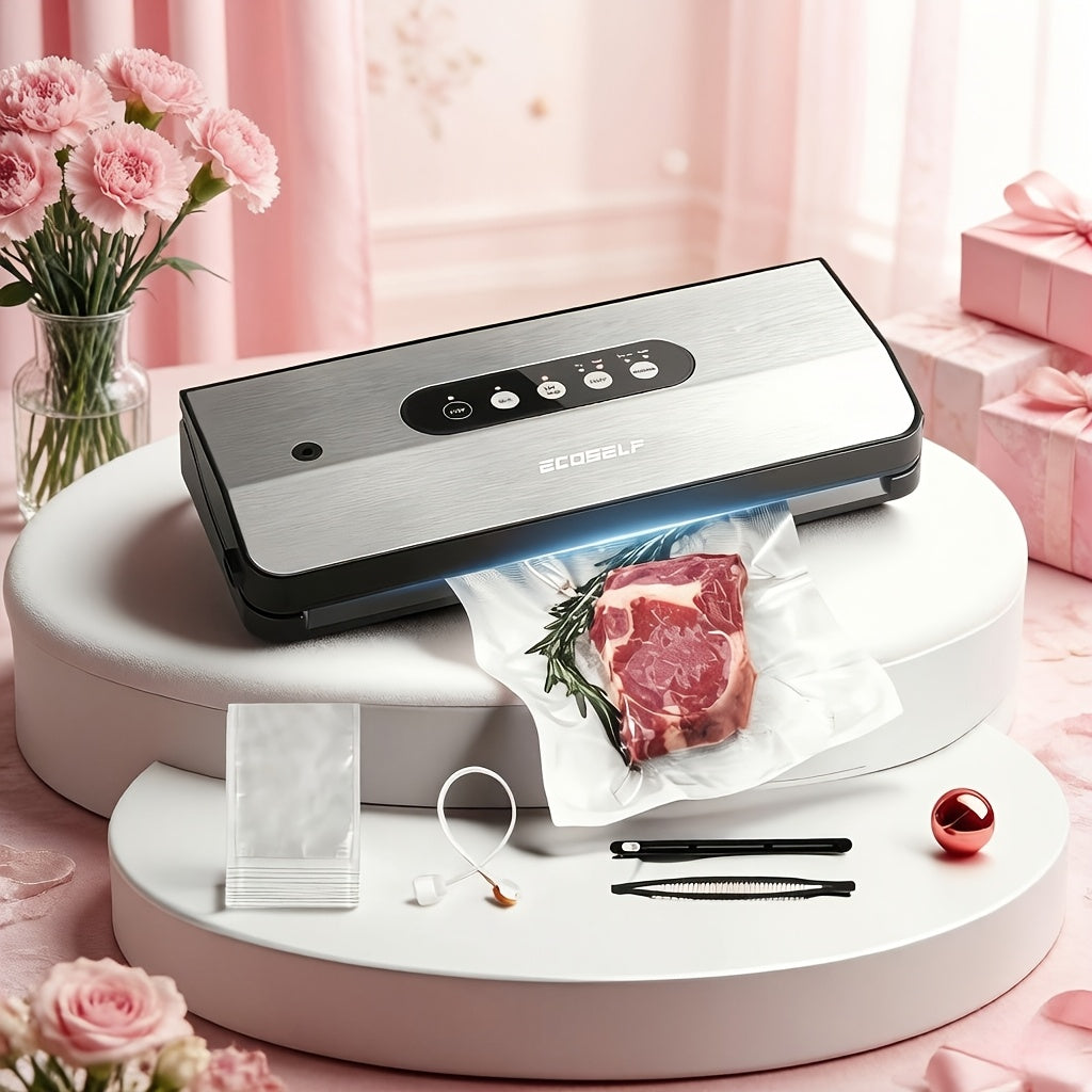 Vacuum Sealer Machine 8-in-1 65kPa Stainless Steel with Built-In Cutter, 10 Bags & External Vacuum Port – Food Sealer for Food Storage & Sous Vide, Model SJ2090