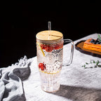 32oz Vintage Glass Cup with Handle Bamboo Lid and Straw | Borosilicate Sunflower Tumbler for Hot Cold Drinks Iced Coffee Juice