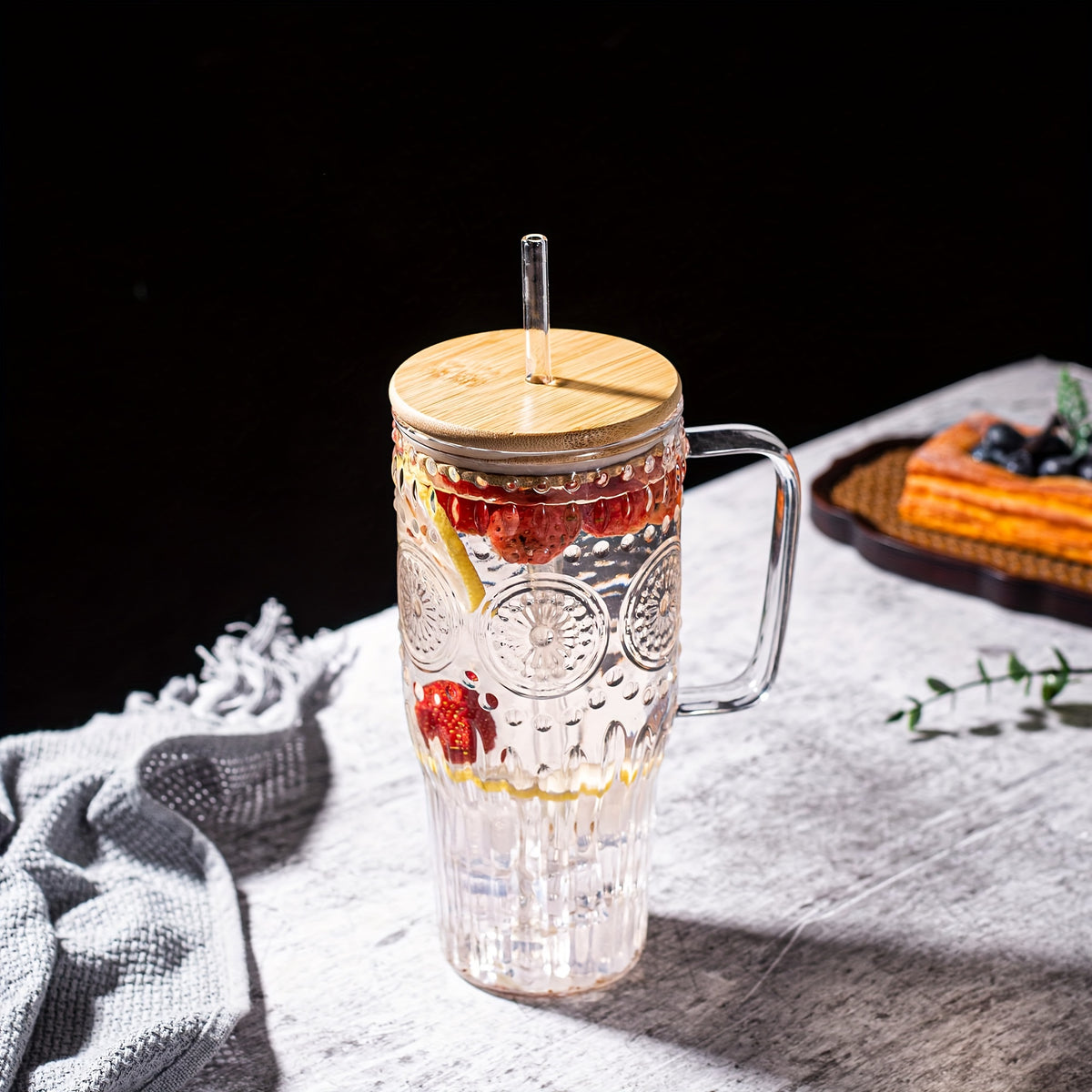 32oz Vintage Glass Cup with Handle Bamboo Lid and Straw | Borosilicate Sunflower Tumbler for Hot Cold Drinks Iced Coffee Juice