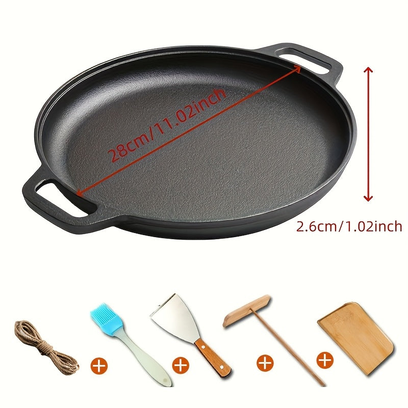 Cast Iron Pizza Pan 6-Piece Set – 11-Inch Pre-Seasoned Griddle for Oven, Stovetop, Grill & Campfire | Multi-Purpose Round Cast Iron Baking Pan for Pizza, Bread & More