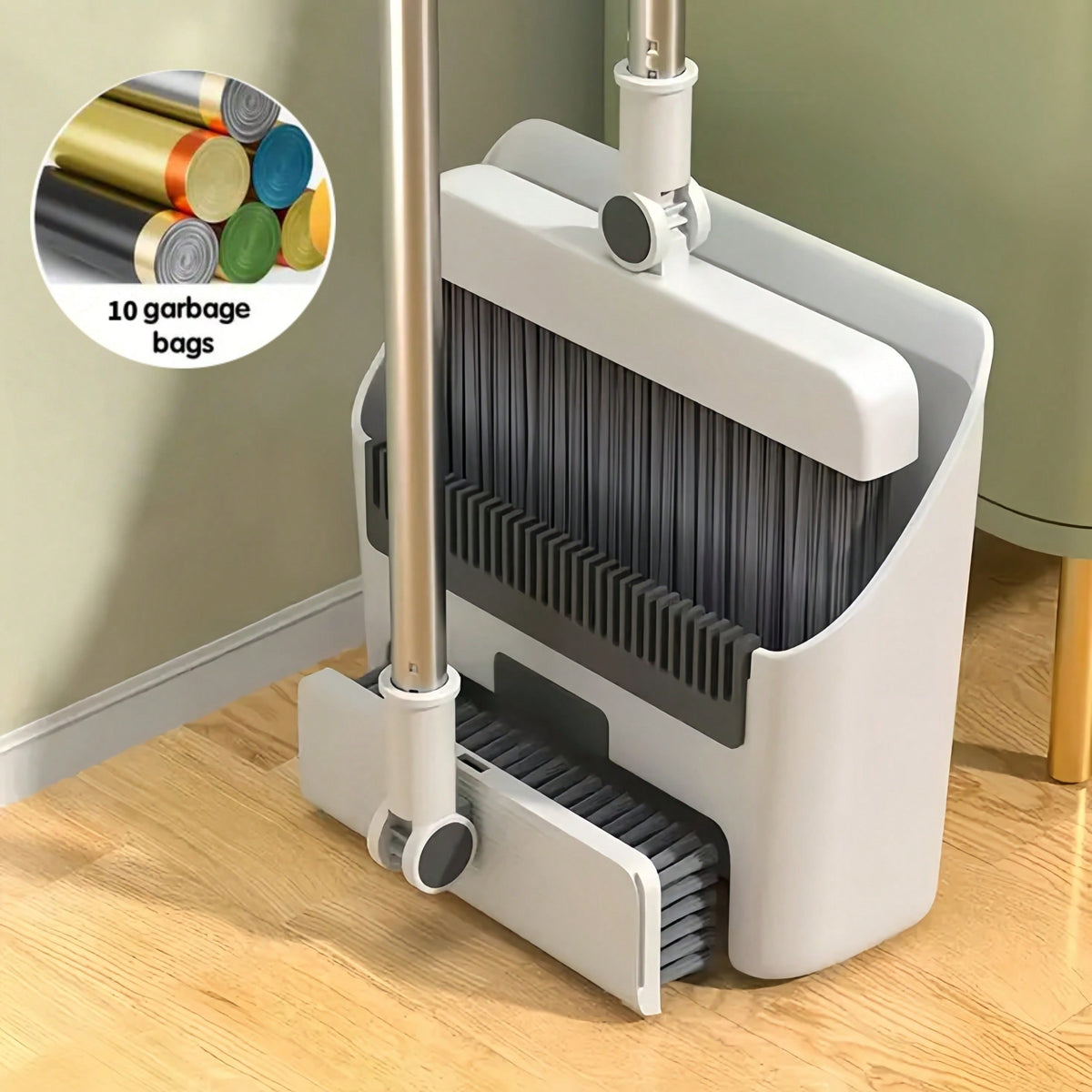 3-in-1 Broom, Dustpan & Floor Brush Combo Set with Trash Bag Roll – Compact Household Cleaning Kit for Kitchen, Bathroom, Living Room, Patio & Outdoor Use, White