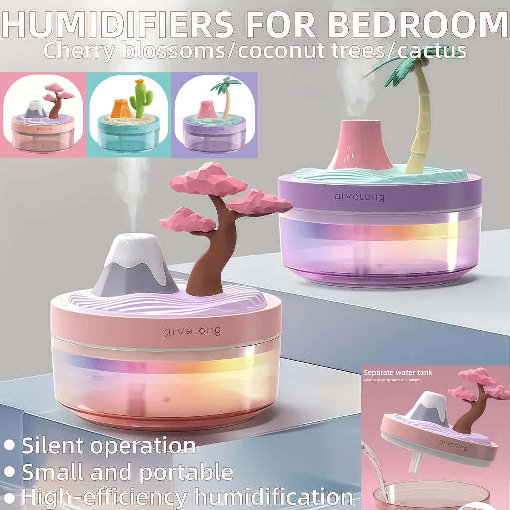 Mini Humidifier Cute Cactus & Coconut Tree Desktop Design - Small Cool Mist Humidifier for Bedroom Nightstand Office Desk, Silent USB Humidifier, Air Humidifier Home Decor Gift