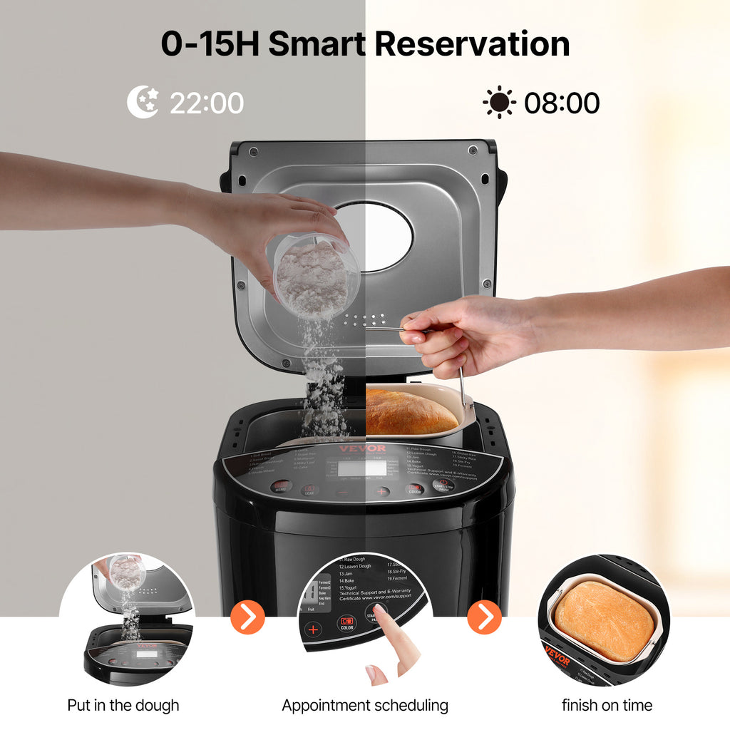 Bread Maker Machine 19-in-1 with Ceramic Non-Stick Pan, 15-Hour Timer, 3 Crust Colors, Auto Keep-Warm – Up to 2 LB Loaf