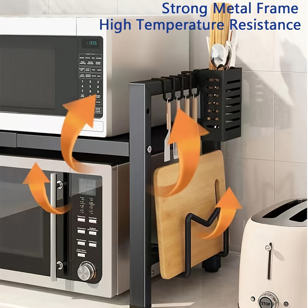 Expandable Microwave Rack Kitchen Counter Organizer – Heavy-Duty Retractable Shelf with 6 Hooks, Chopstick Holder & Cutting Board Slot for Kitchen Worktops