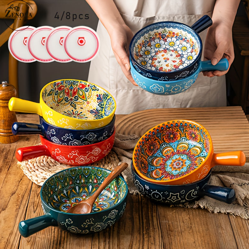 Bohemian Noodle Bowl Set with Lids Microwave Dishwasher & Oven Safe – Ceramic Soup Salad Fruit Meal Prep Bowls for Home, Office & Travel – 4 or 8 Piece