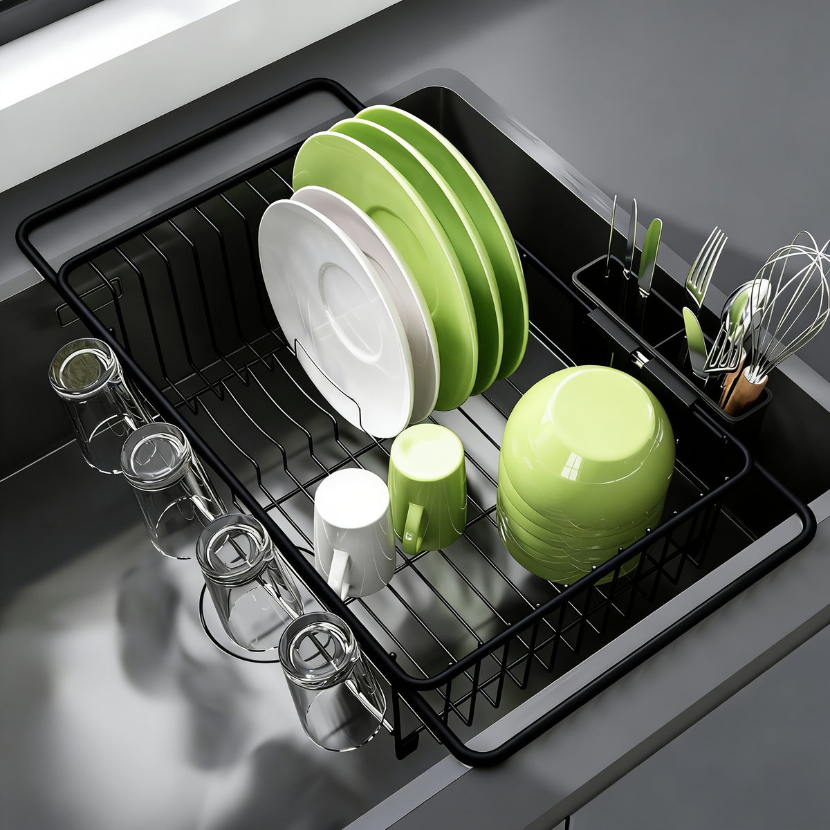 Stainless Steel Over-the-Sink Dish Drying Rack & Colander Strainer Basket with Expandable Grip – Heavy-Duty Sink-Mounted Dish Drainer for Vegetable Washing & Space-Saving Kitchen Organization