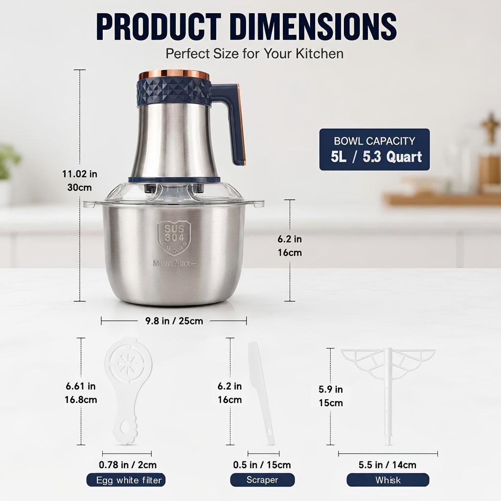Food Processor 5L 500W Electric Meat Grinder & Vegetable Chopper - 6 Blades, 5 Speed Settings, Stainless Steel Bowl, 3 Attachments for Mincing Meat, Garlic, Baby Food Prep - Home Kitchen MG-1001