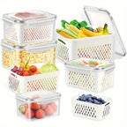 Food Storage Containers Set 6-Piece BPA-Free with Drain Baskets & Lids - Leak-Proof Freezer-Safe Crisper Boxes for Fruits, Vegetables & Meal Prep Leftovers, Reusable Kitchen Organizers