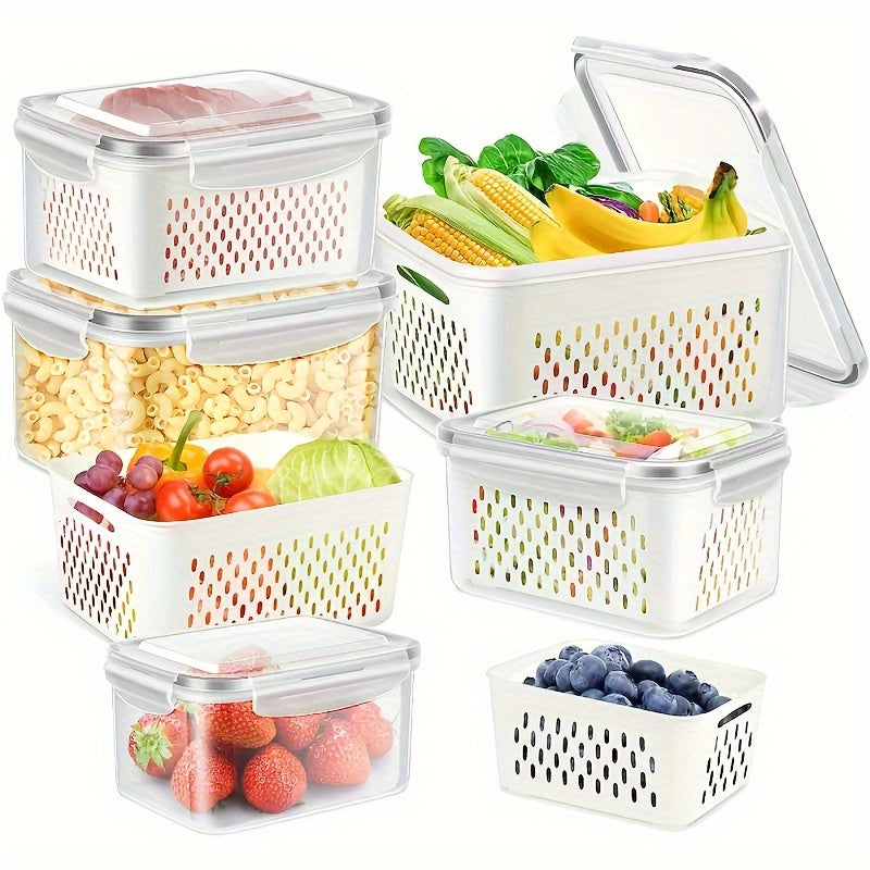Food Storage Containers Set 6-Piece BPA-Free with Drain Baskets & Lids - Leak-Proof Freezer-Safe Crisper Boxes for Fruits, Vegetables & Meal Prep Leftovers, Reusable Kitchen Organizers