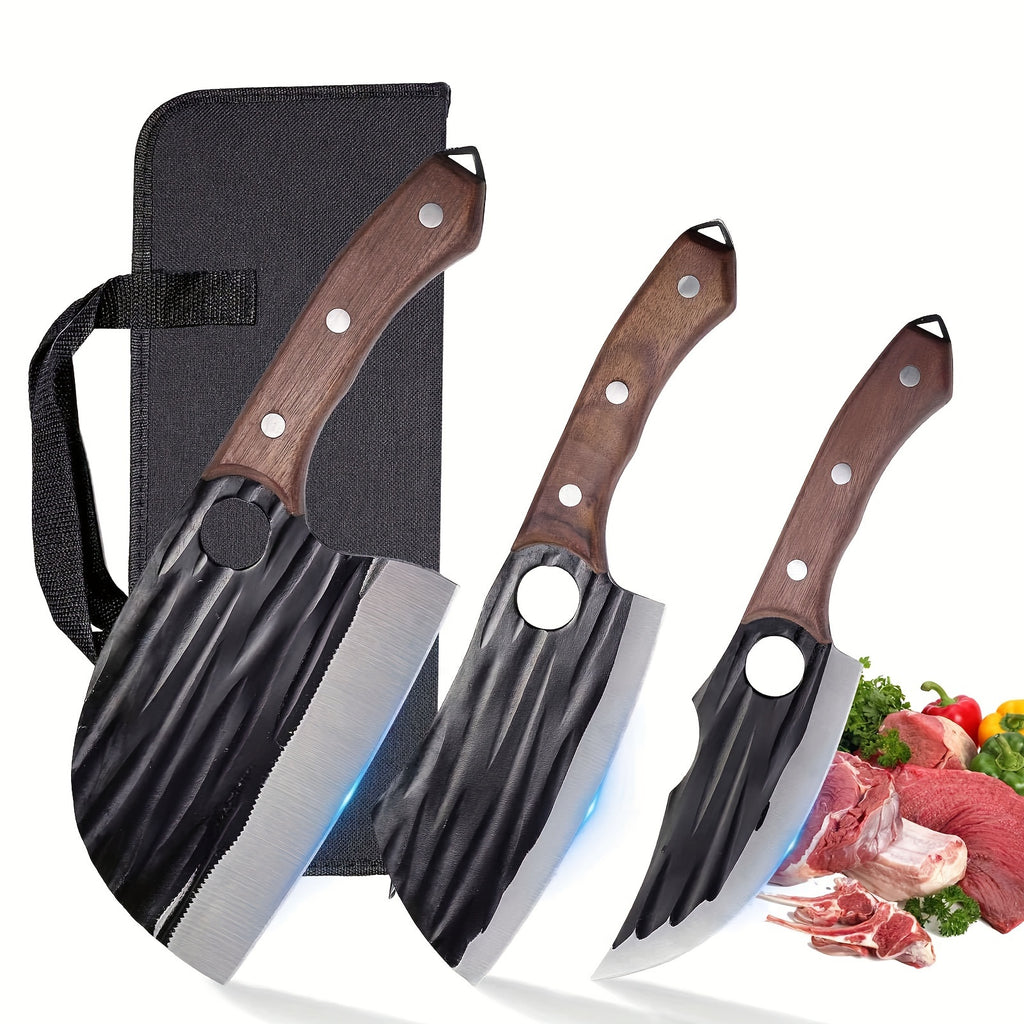 Viking-Inspired Hand-Forged Butcher Knife Set with Carrying Case - High Carbon Steel Cleaver Boning and Vegetable Knife Set for BBQ Camping and Meat Preparation