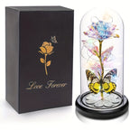 Galaxy Glass Rose Dome Eternal Crystal Flower with Butterfly LED Glow Night Light Gift for Mom Wife Sister Daughter Mother's Day Birthday Valentine's Day Purple