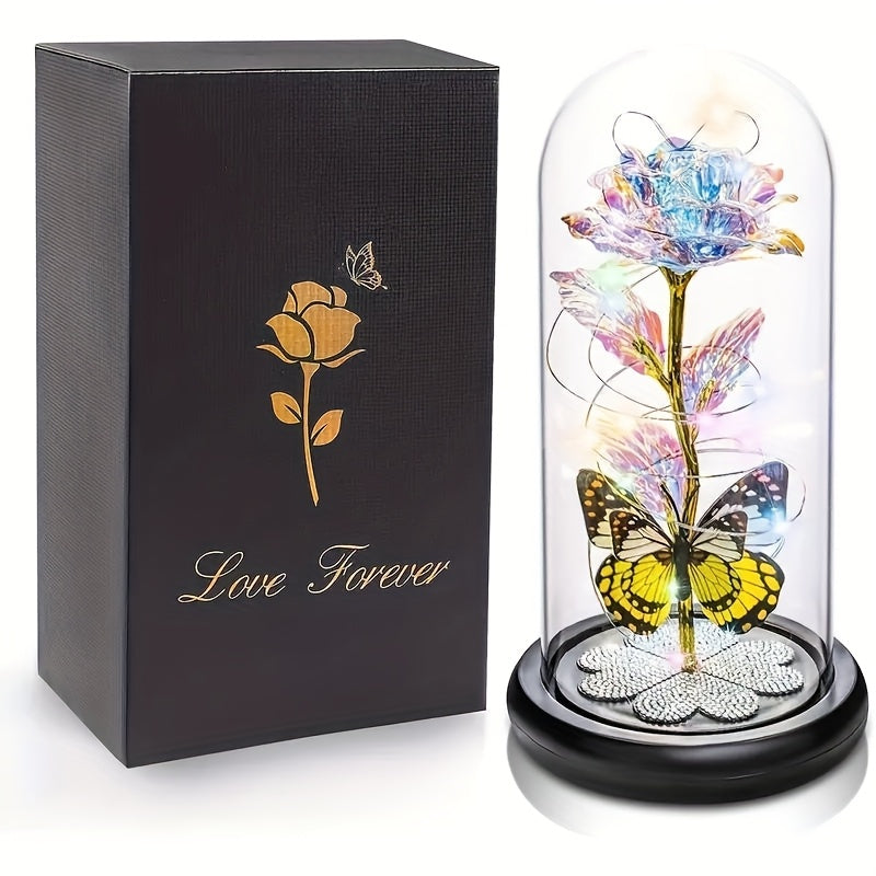 Galaxy Glass Rose Dome Eternal Crystal Flower with Butterfly LED Glow Night Light Gift for Mom Wife Sister Daughter Mother's Day Birthday Valentine's Day Purple