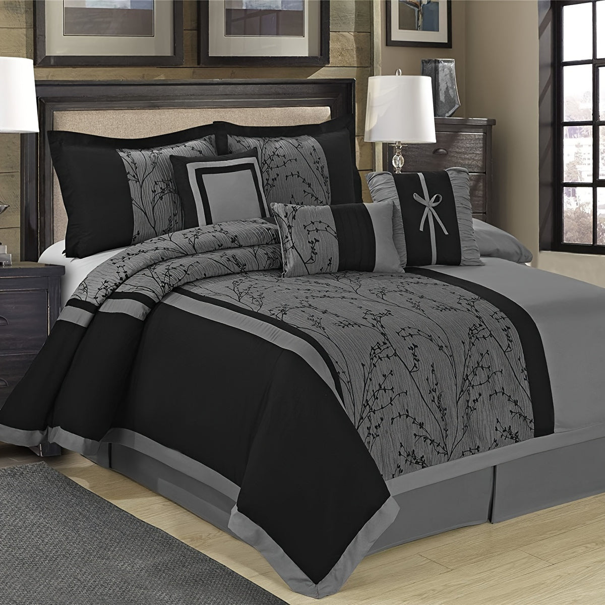 Jacquard Comforter Set 7 Piece Queen King - Luxury Patchwork Branch Microfiber Bedding, All-Season Soft Warm Bed Set, Hypoallergenic, No Fade