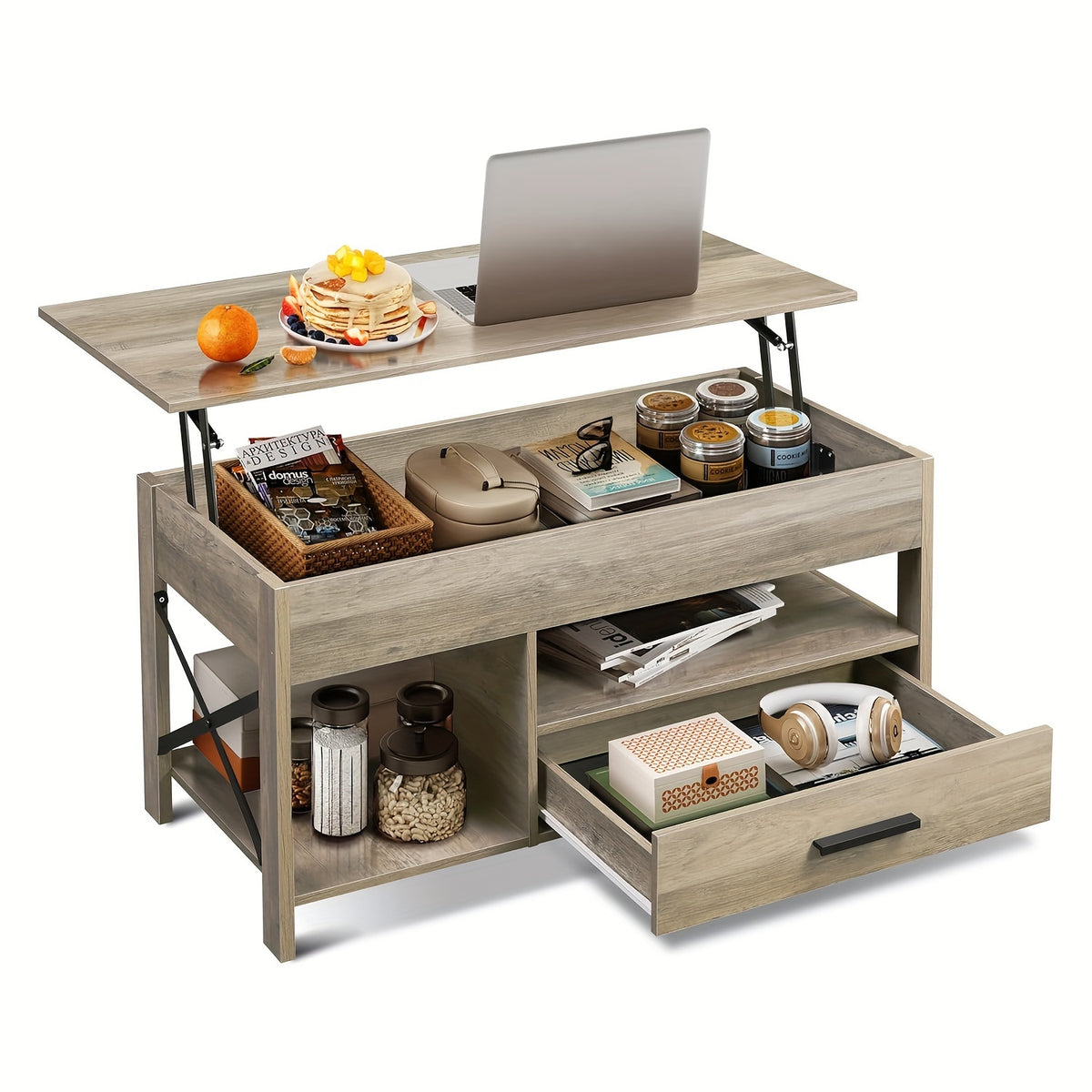 Lift Top Coffee Table with Storage Drawers & Hidden Compartment – Modern Wood Living Room Center Table, Space-Saving Multifunctional Design, 5 Colors