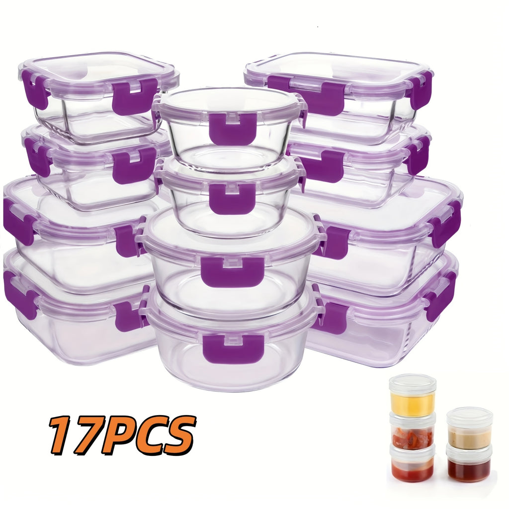 Borosilicate Glass Food Storage Containers Set with Lids – 10/17 Piece Airtight Meal Prep Bento Boxes, BPA Free, Microwave & Dishwasher Safe, Mixed Colors