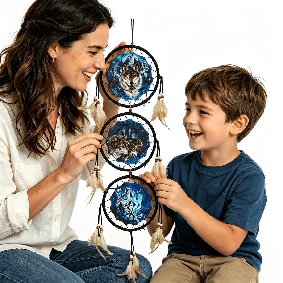 Wolf Dream Catcher Wall Decor – Boho Bedroom Wall Hanging Native American Style Dream Catcher Gift for Boys Kids Teen Room