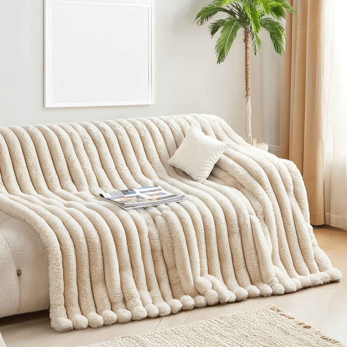 Faux Rabbit Fur Throw Blanket Ultra Soft Fluffy Striped Plush Blanket for Couch Bed Sofa Luxury Warm Winter Blanket Pink Light Brown