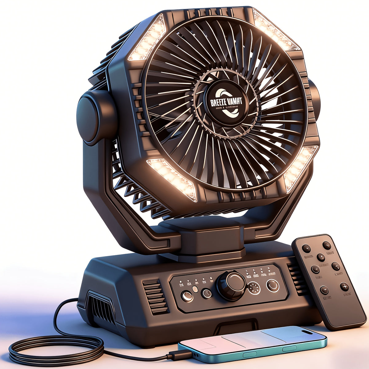 20000mAh Camping Fan with 4 LED Lanterns – Portable Battery Powered Outdoor Fan with USB & Hook | Tent, Power Outage, Construction Site & Camping Gear