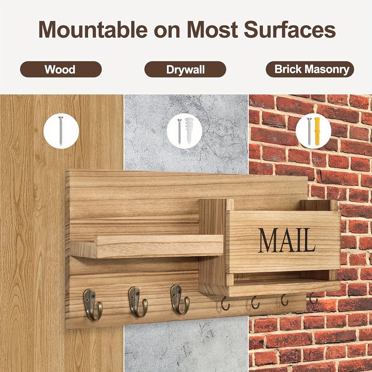 Solid Wood Wall-Mounted Storage Rack with Mailbox Slot, Door Handle & Decorative Hooks – Multifunctional Entryway Organizer for Keys, Hats & Books, Space-Saving Wall Shelf for Bedroom, Bathroom & Living Room