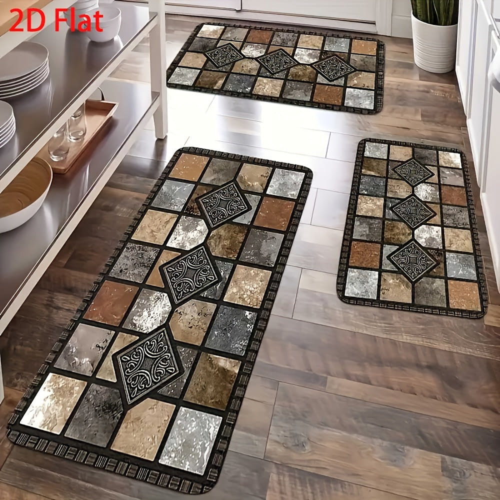 Diatomaceous Earth Kitchen Floor Mats 2-Piece Set – Vintage Plaid Absorbent Non-Slip Fast-Drying Rugs for Kitchen, Bathroom & Hallway