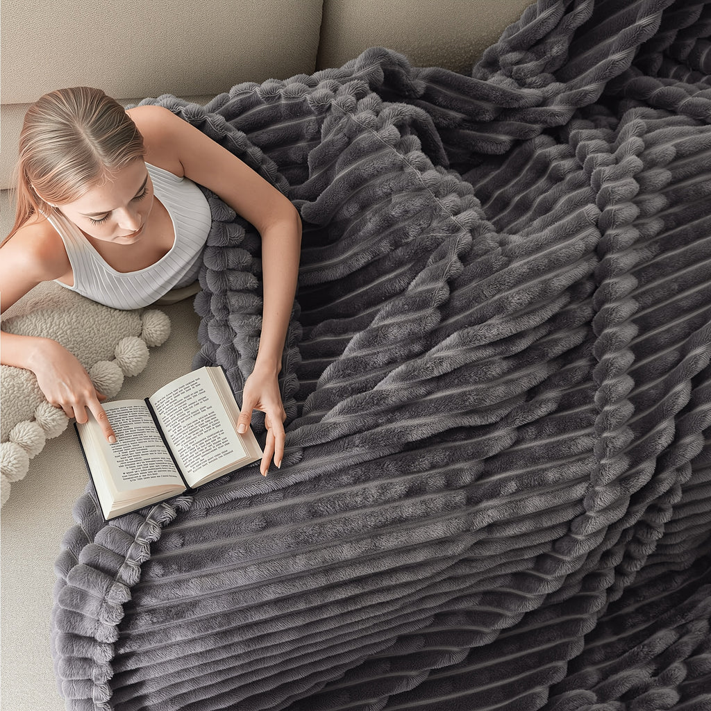 Faux Rabbit Fur Throw Blanket Ultra Soft Fluffy Striped Plush Blanket for Couch Bed Sofa Luxury Warm Winter Blanket Pink Light Brown