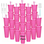 25-Pack Reusable Party Cups 24oz with Lids, Straws & Dust Plugs – Large Plastic Tumblers for Iced Coffee Smoothies Cold Drinks, Includes Cleaning Brush, Multiple Colors