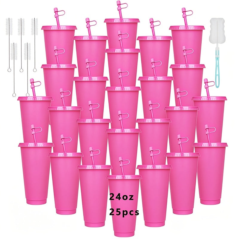 25-Pack Reusable Party Cups 24oz with Lids, Straws & Dust Plugs – Large Plastic Tumblers for Iced Coffee Smoothies Cold Drinks, Includes Cleaning Brush, Multiple Colors