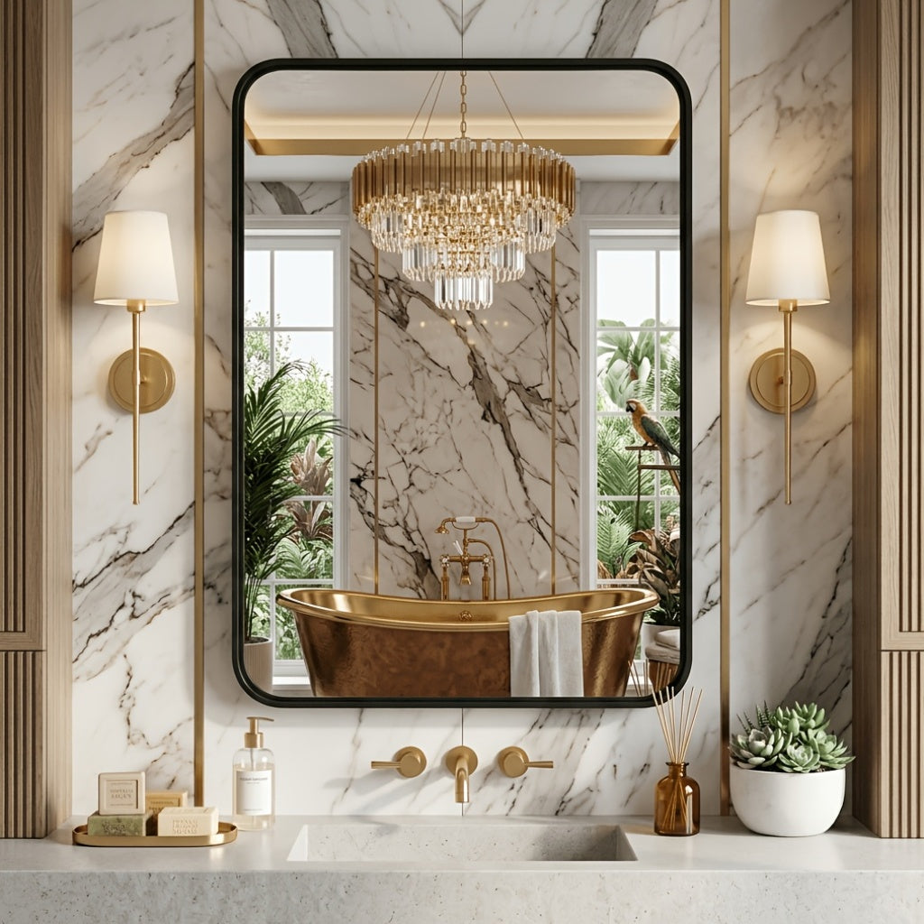 Metal Framed Rounded Rectangle Wall Mirror for Bathroom – Over Sink, Horizontal or Vertical Hanging, Modern Farmhouse Decor, Matte Black, Gold & Silver, Multiple Sizes 16x20 to 36x48 In