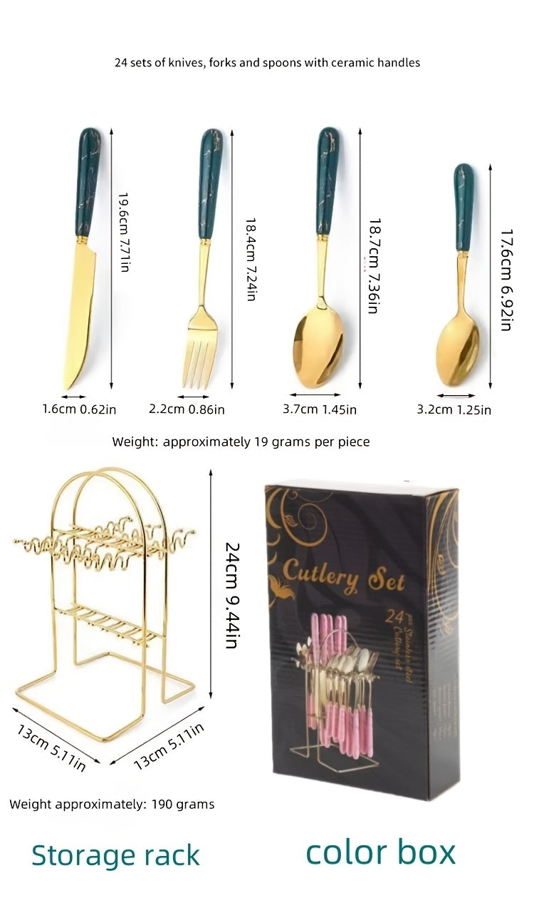 Marble Pattern Cutlery Set 24 Piece Polished Flatware Dinner Forks Soup Spoons Teaspoons for Home Restaurant Hotel Outdoor Dining Black Pink White Green
