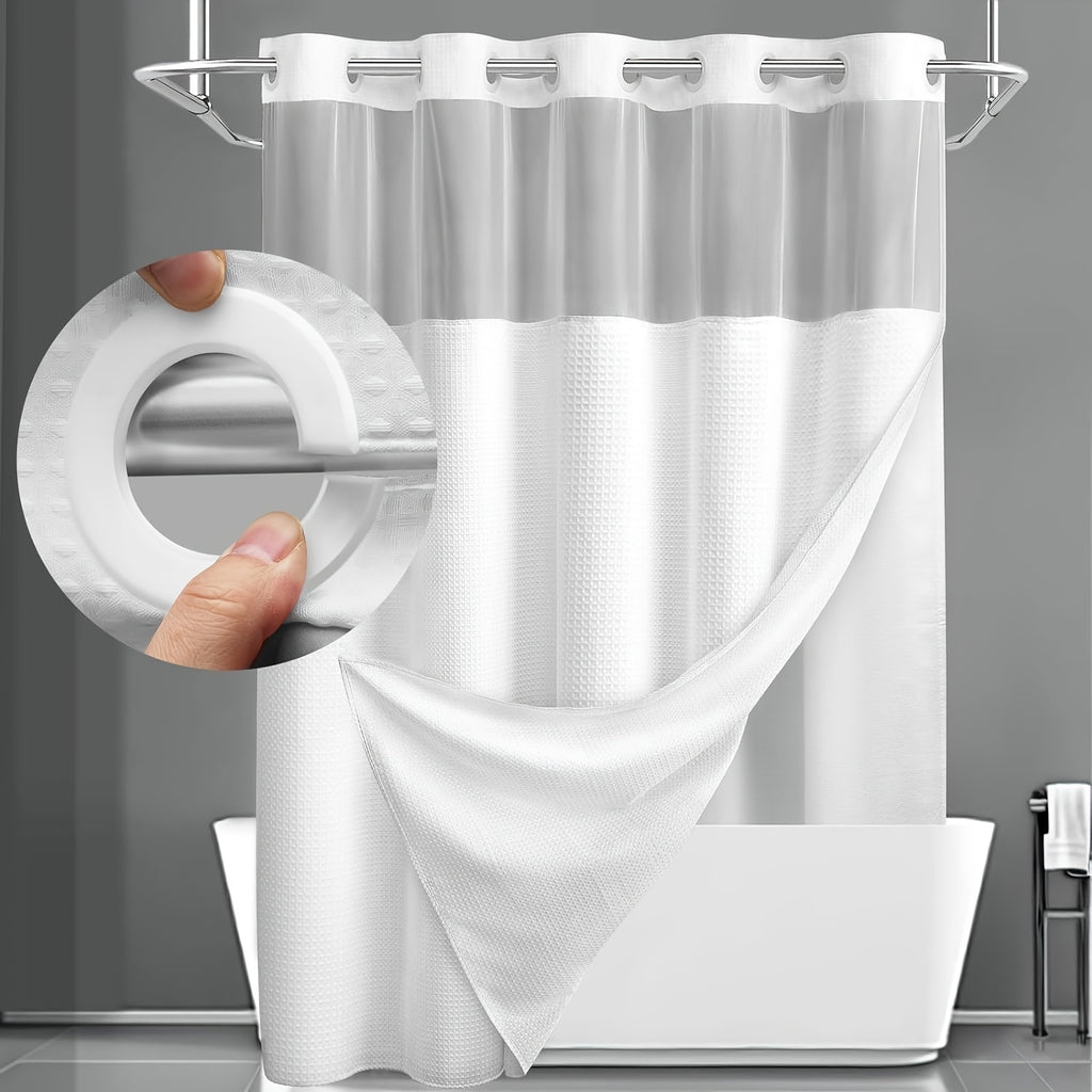 Hookless Shower Curtain Waffle Pattern with Snap-On Liner - Luxury Hotel Style Bathroom Decor, No Hooks Needed, Cloud White Dark Night Deep Gray, Holiday Housewarming Gift