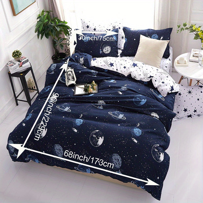 Galaxy Duvet Cover Set 3 Piece – Cartoon Star Universe Planets Print Soft Breathable Bedding with 2 Pillowcases for Bedroom Guest Room & Dorm, No Insert