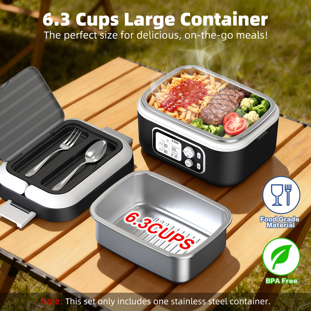 Cordless Electric Heating Lunch Box 1.5L/50.72oz - 304 Stainless Steel, 24000mAh Rechargeable Battery, Adjustable Temp & Timer, Office Picnic Car Travel, Fork Spoon Divider Included, Black White Yellow Blue