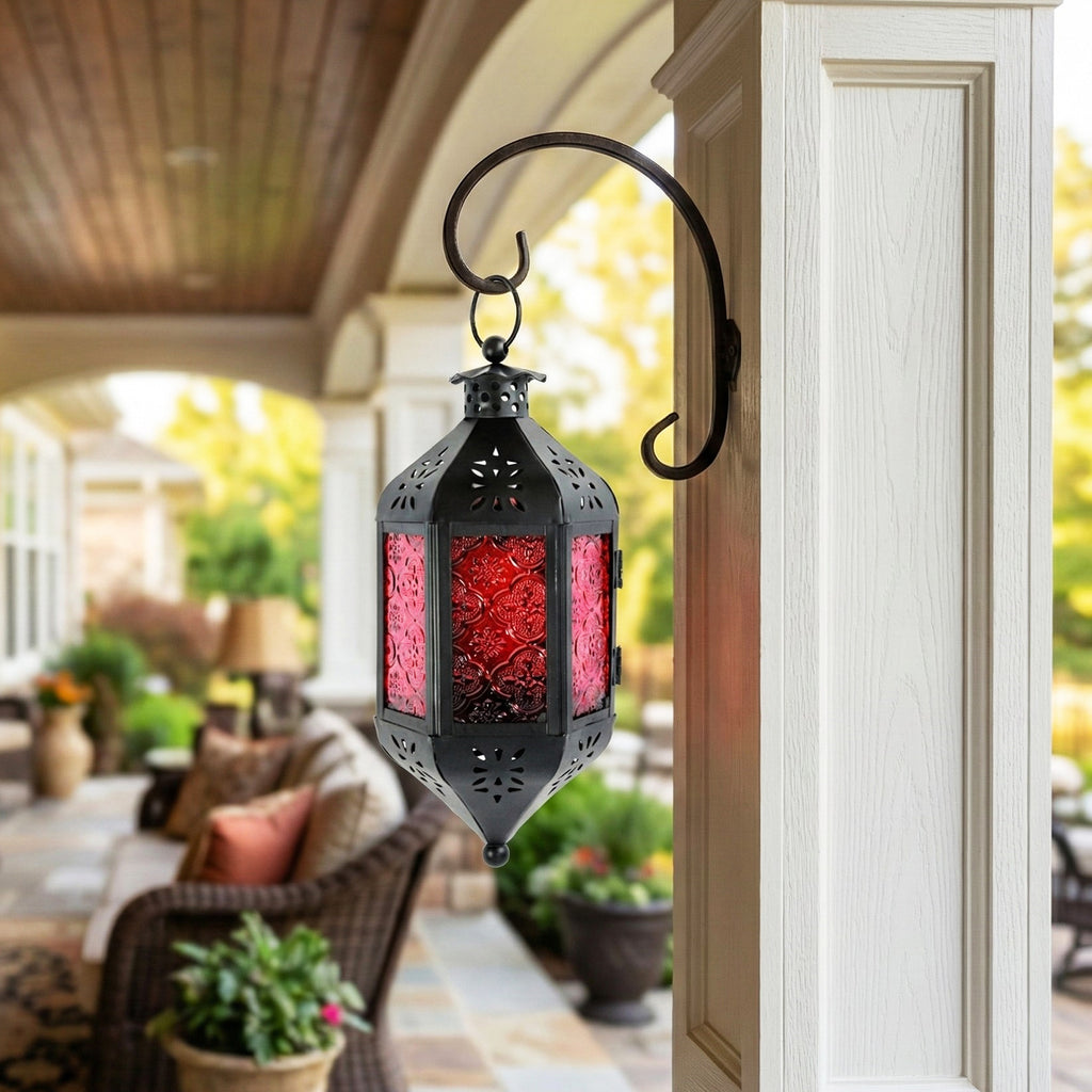 Moroccan Hanging Candle Lantern with Chain – Vintage Boho Style Iron & Glass Tealight Holder for Home, Patio, Garden, Wedding & Ramadan Decor (23.5" Overall)