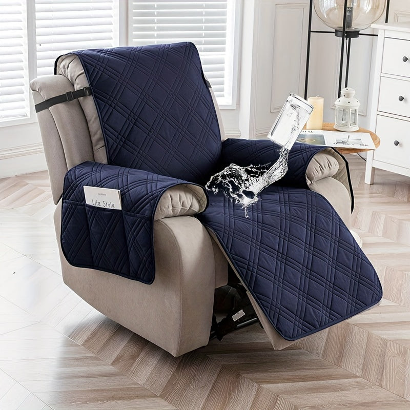 Quilted Recliner Chair Cover with Pocket Non-Slip Hook Loop Closure - 100% Polyester Washable Reclining Chair Slipcover Furniture Protector for Pets Dogs Cats, Easy Install, 9 Colors