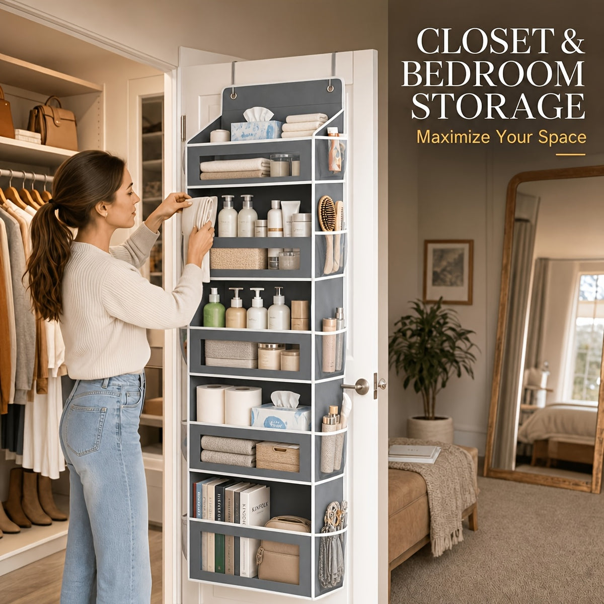 5-Shelf Over Door Hanging Organizer Non-Woven – No Drill Wall & Door Mount Storage Bag with Shelf Baskets for Bedroom, Bathroom & Closet
