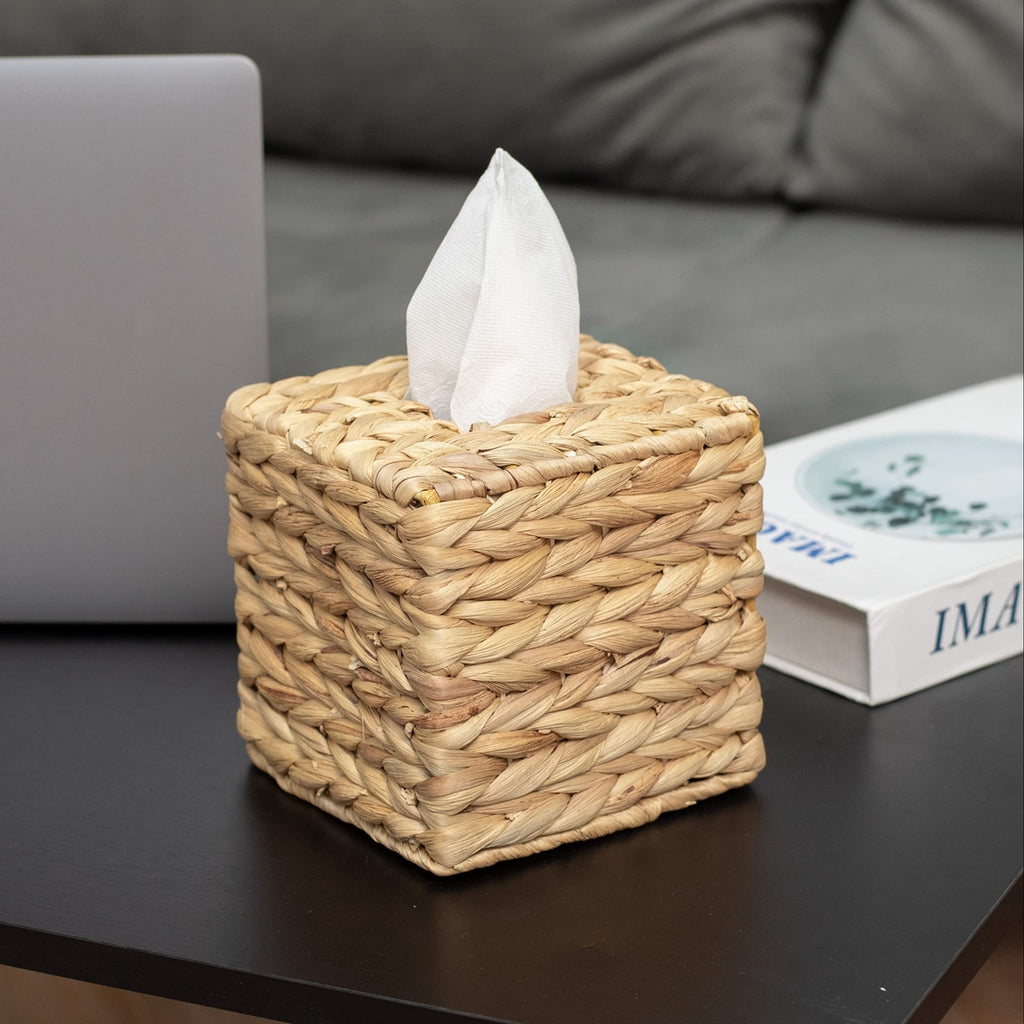 Boho Wicker Tissue Box Cover Square | Water Hyacinth Decorative Woven Facial Tissue Holder for Table, Bathroom & Vanity | Art Deco Style | Yellow