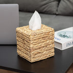 Boho Wicker Tissue Box Cover Square | Water Hyacinth Decorative Woven Facial Tissue Holder for Table, Bathroom & Vanity | Art Deco Style | Yellow